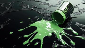 Green paint spills from an overturned can onto a dark surface photo