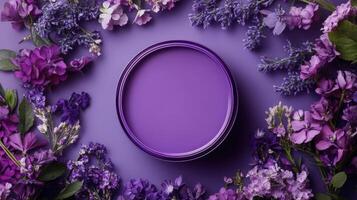 Purple Floral Frame Encircles a Container of Purple Paint photo