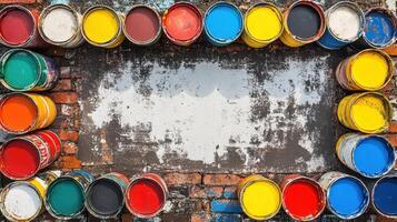 Colorful paint cans arranged on a brick wall photo