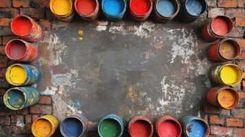 Colorful Paint Cans Frame Rustic Brick Background photo