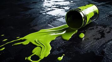 Green paint spills from an overturned can onto dark surface photo