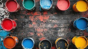 Colorful Paint Buckets Against a Brick Wall photo