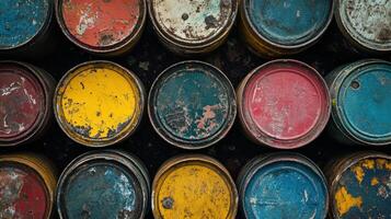 Colorful Rusty Metal Barrels Arranged in Rows photo