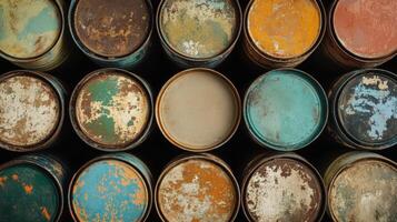 Weathered Metal Barrels Displaying Varied Paint Colors photo