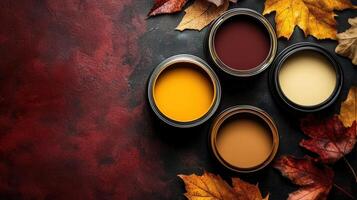 Autumnal Paint Colors Arranged With Dried Leaves photo