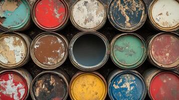 Old paint cans arranged in a grid pattern photo