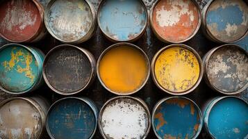 Weathered Paint Barrels Displaying Colorful Hues photo