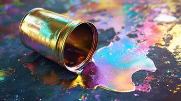Iridescent paint spills from an overturned metallic can photo
