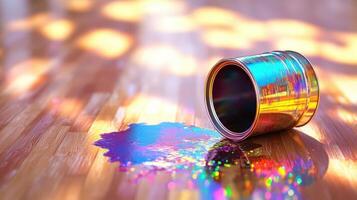 Iridescent paint spills from a metallic can onto wood photo