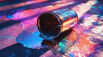 Iridescent paint spills from an overturned can onto a vibrant surface photo