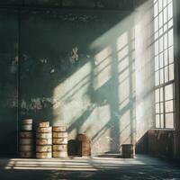 Rusted Cans Stacked In A Sunlit Abandoned Factory Room photo