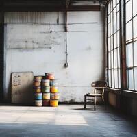 Abandoned Factory Interior With Paint Cans And Chair photo