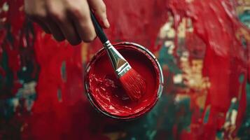 A hand dips a brush into vibrant red paint photo
