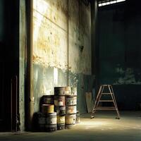 Sunlit Warehouse With Stacked Paint Cans And Ladder photo