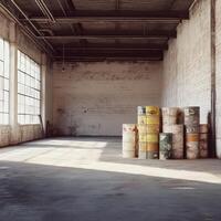 Sunlit Industrial Warehouse With Stacked Barrels photo