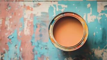 Paint Can of Orange Paint Against a Colorful Background photo