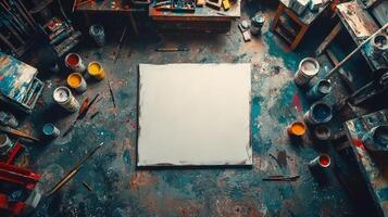 Blank Canvas Surrounded By Artists Paint Supplies photo