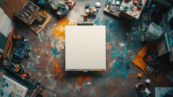 Blank Canvas Surrounded By Artist Supplies In A Messy Studio photo