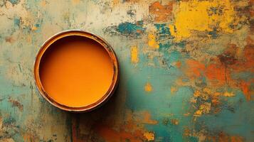 Orange Paint in a Tin Against a Textured Background photo