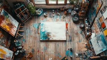Artists Messy Studio Floor With Paint And Canvases photo