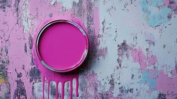 Pink Paint Dripping From An Open Can Onto A Textured Surface photo