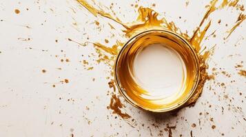 Gold Paint Splashes Around a Partially Filled Can photo