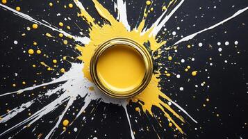 Yellow Paint Splashes On Black Canvas With White Accents photo