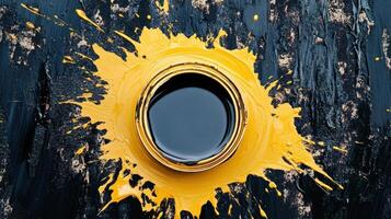 Yellow Paint Splashes Surround a Paint Can photo