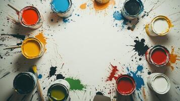 Colorful Paint Cans and Splatter Surround a White Space photo
