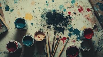 Artists Palette Showing Paint And Brushes photo