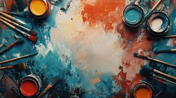 Colorful Paint Splashes and Brushes Artistic Scene photo