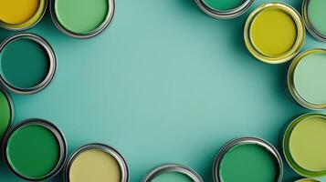 Paint Cans Arranged Around a Turquoise Background photo