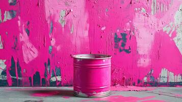 Pink Paint Can Against A Wall With Pink Paint Drips photo