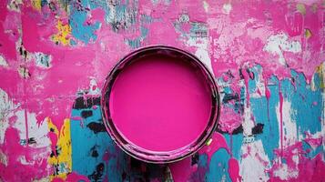 Pink Paint Can on a Colorful Abstract Background photo