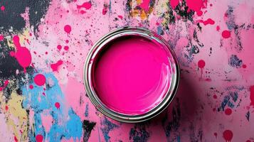 Pink Paint Can on a Colorful Spattered Background photo