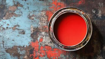 Red Paint in a Tin on a Weathered Surface photo