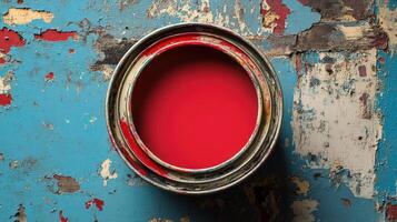 Red paint in a vintage metallic container against a weathered background photo