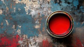 Red paint in a weathered tin can on a textured surface photo