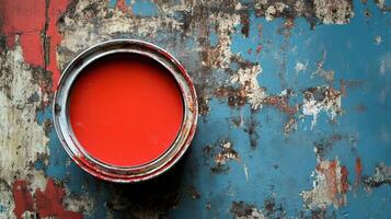 Red paint in a tin on a weathered blue surface photo