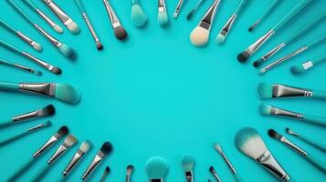 Teal Makeup Brushes Arranged In A Circular Frame photo