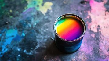 Rainbow Hues in a Paint Can on a Colorful Surface photo