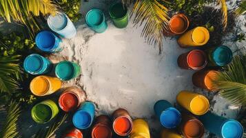 Colorful paint barrels arranged on a sandy beach photo