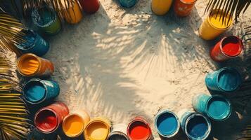 Colorful paint cans arranged on sandy beach ground photo