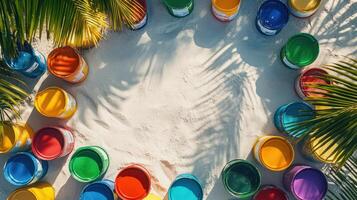 Colorful paint cans arranged on a sandy beach photo