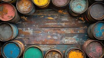 Rusty paint barrels arranged around weathered wood photo
