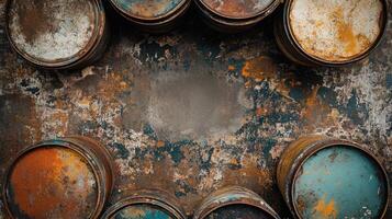 Rusty metal barrels arranged around a weathered surface photo