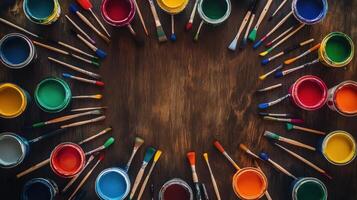 Colorful paint cans and brushes arranged on wood photo