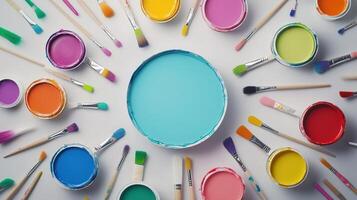 Colorful Paint Pots and Brushes Arranged Artistically photo