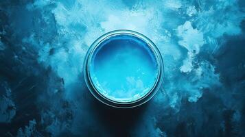 A can of vibrant blue paint sits on a textured surface photo