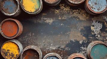 Old Paint Cans Arranged Around Weathered Surface photo